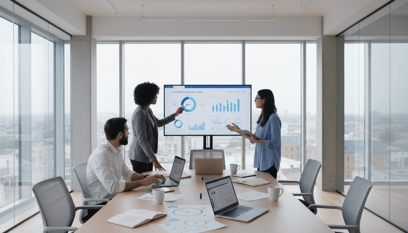 Marketing team analyzing data on large screen dashboard in modern office