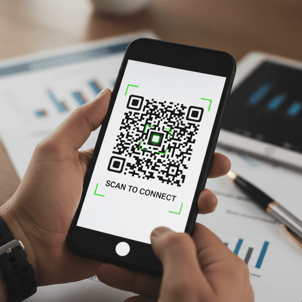 Close up of smartphone scanning a QR code with analytics chart reflection